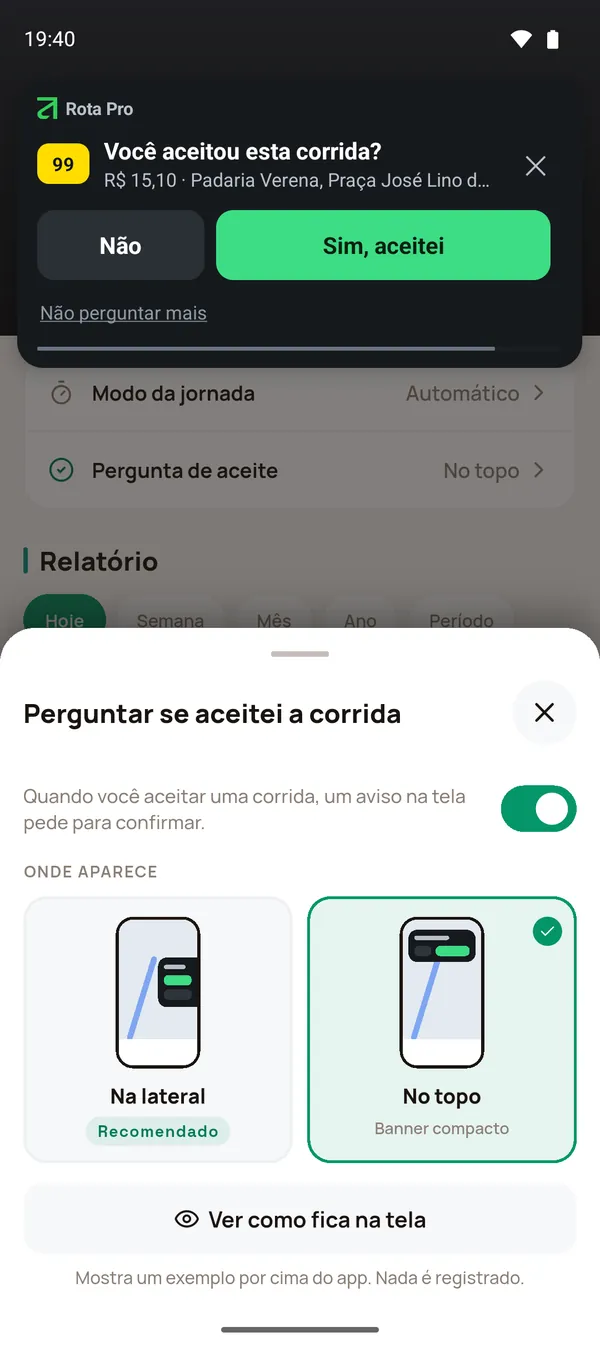 Pergunta no topo da tela