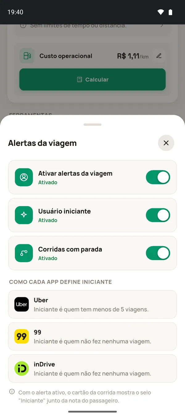 Folha Alertas da viagem com os dois alertas ligados