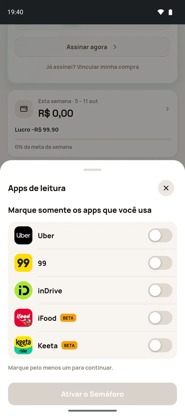 Folha Apps de leitura sem nenhum app marcado