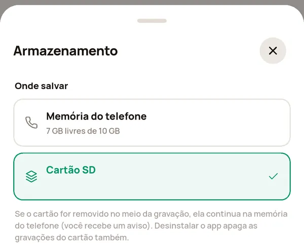 Folha Armazenamento com Cartão SD escolhido