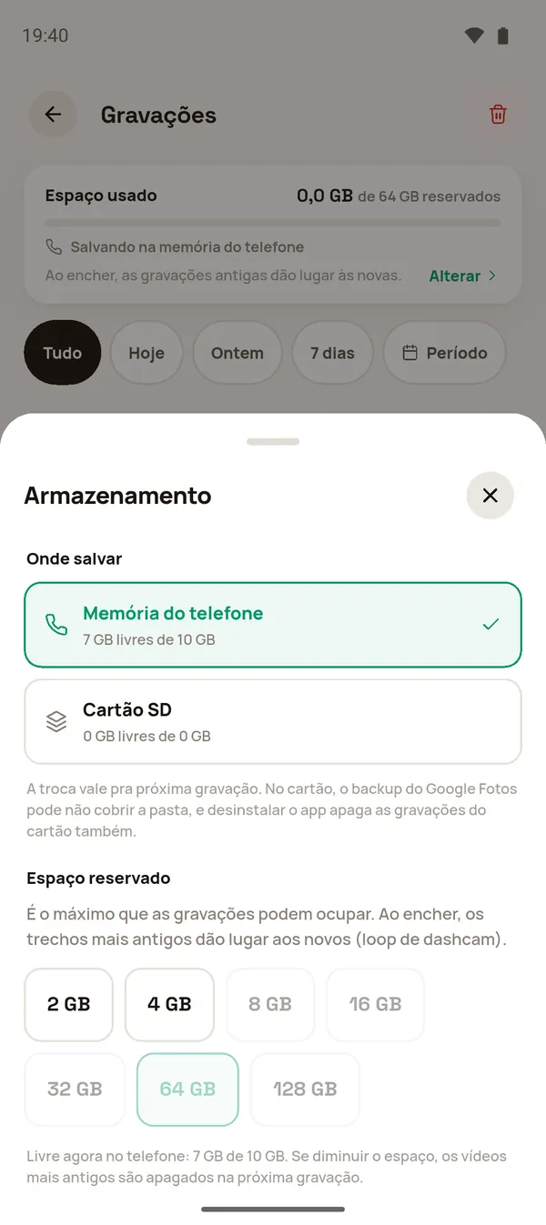 Folha Armazenamento com memória do telefone