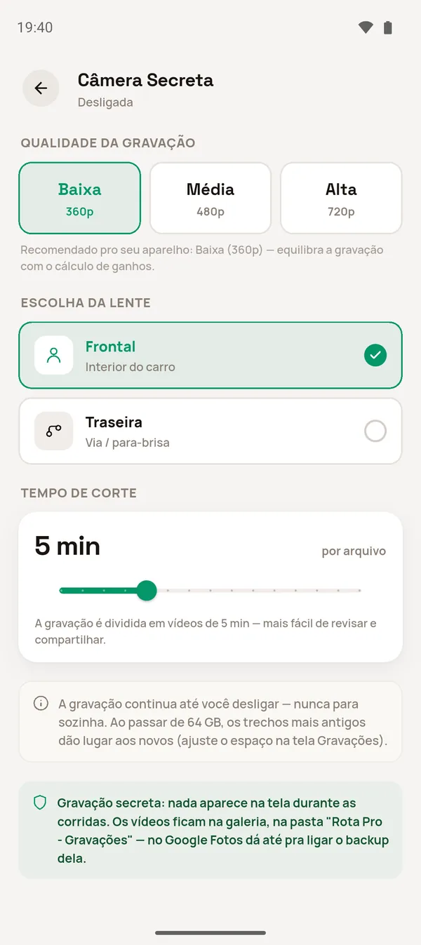 Configurações da Câmera Secreta