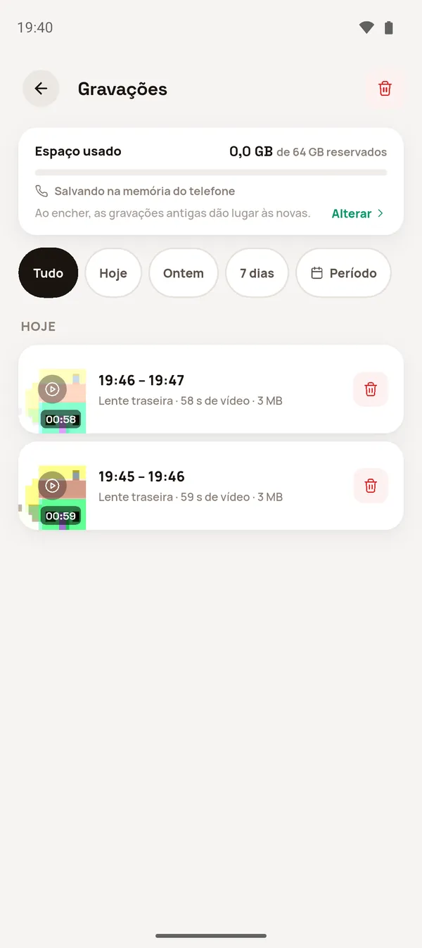 Tela Gravações com dois vídeos de hoje