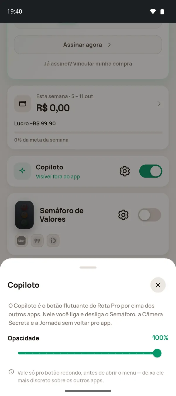 Folha Copiloto com a opacidade