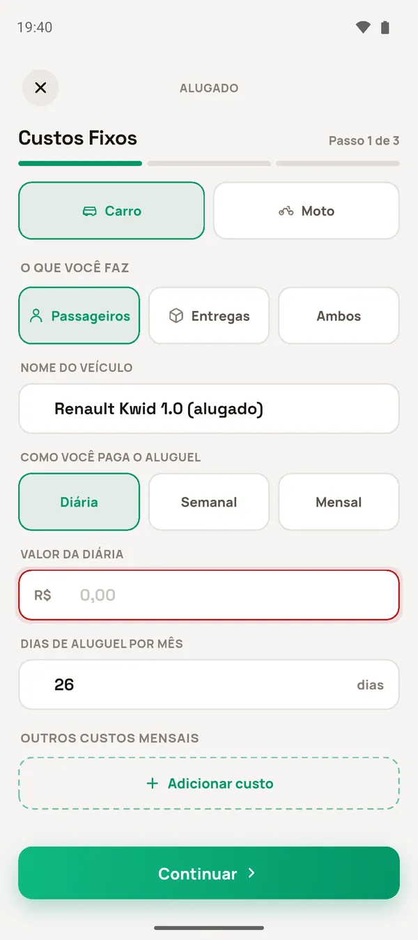 Passo Custos Fixos de um veículo alugado