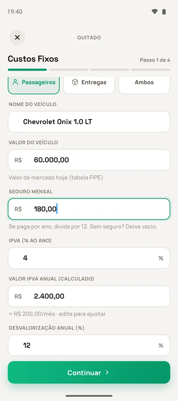 Passo Custos Fixos de um veículo quitado