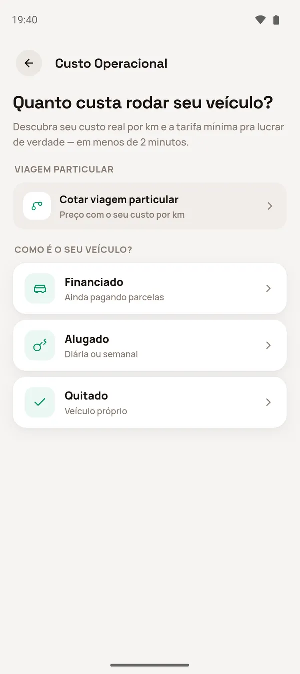 Tela Custo Operacional