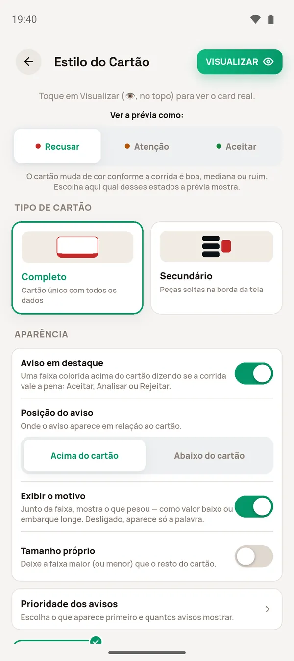 Opções do Aviso em destaque