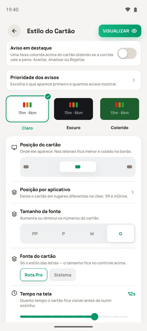 Aparência e posição do cartão