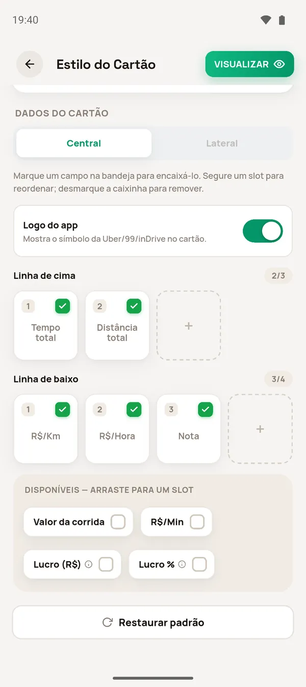 Dados do cartão: linhas de cima e de baixo