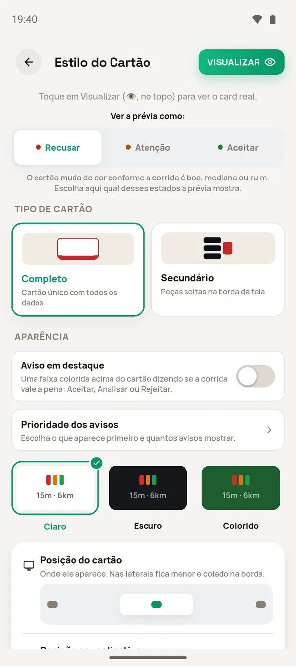 Estilo do Cartão: prévia e tipo