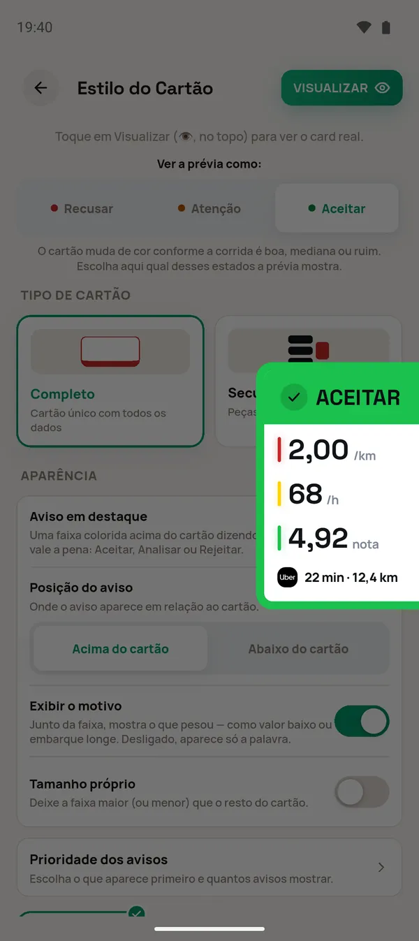 Prévia do cartão na lateral direita