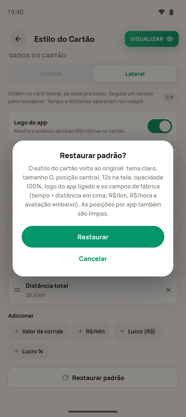 Confirmação Restaurar padrão