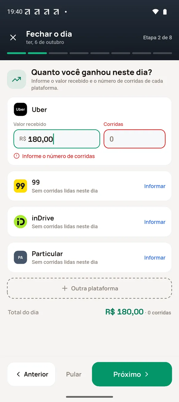 Falta o número de corridas