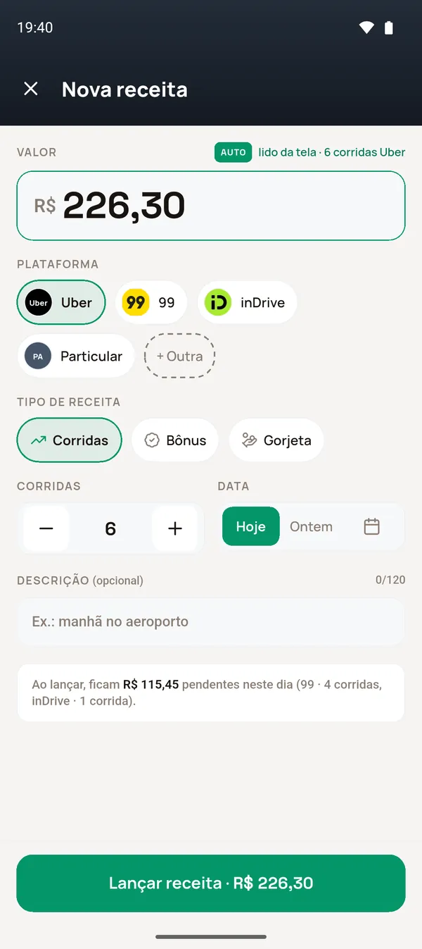 Aviso de valores pendentes no dia