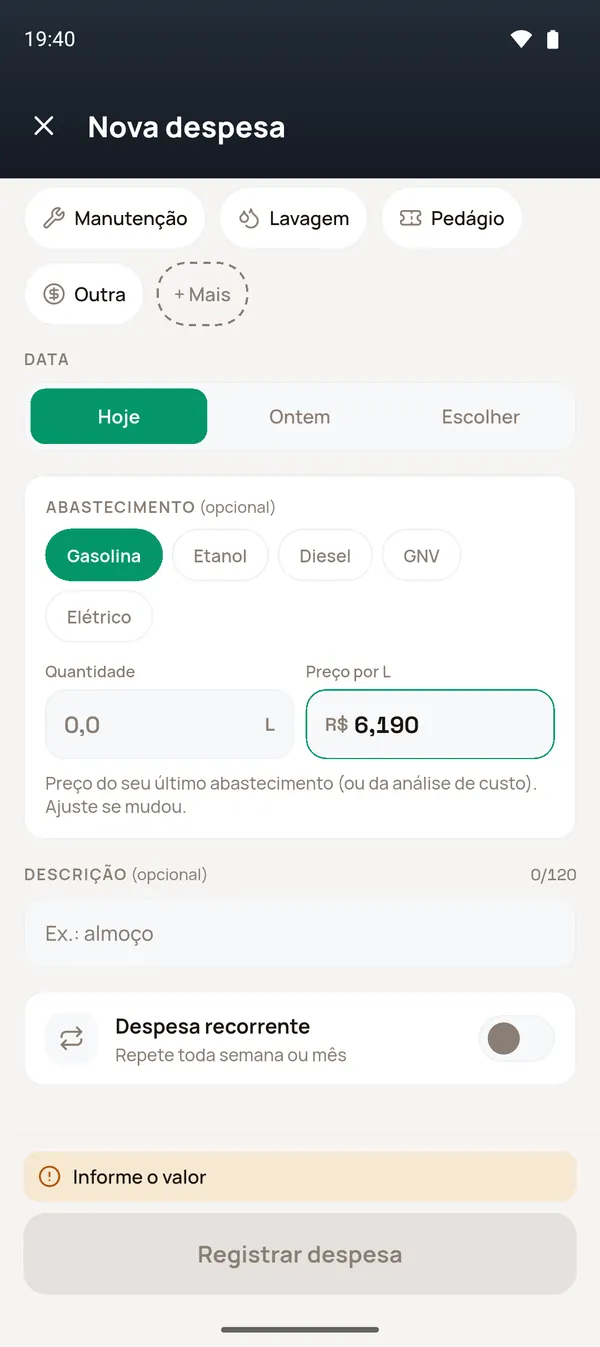 Despesa de combustível com abastecimento