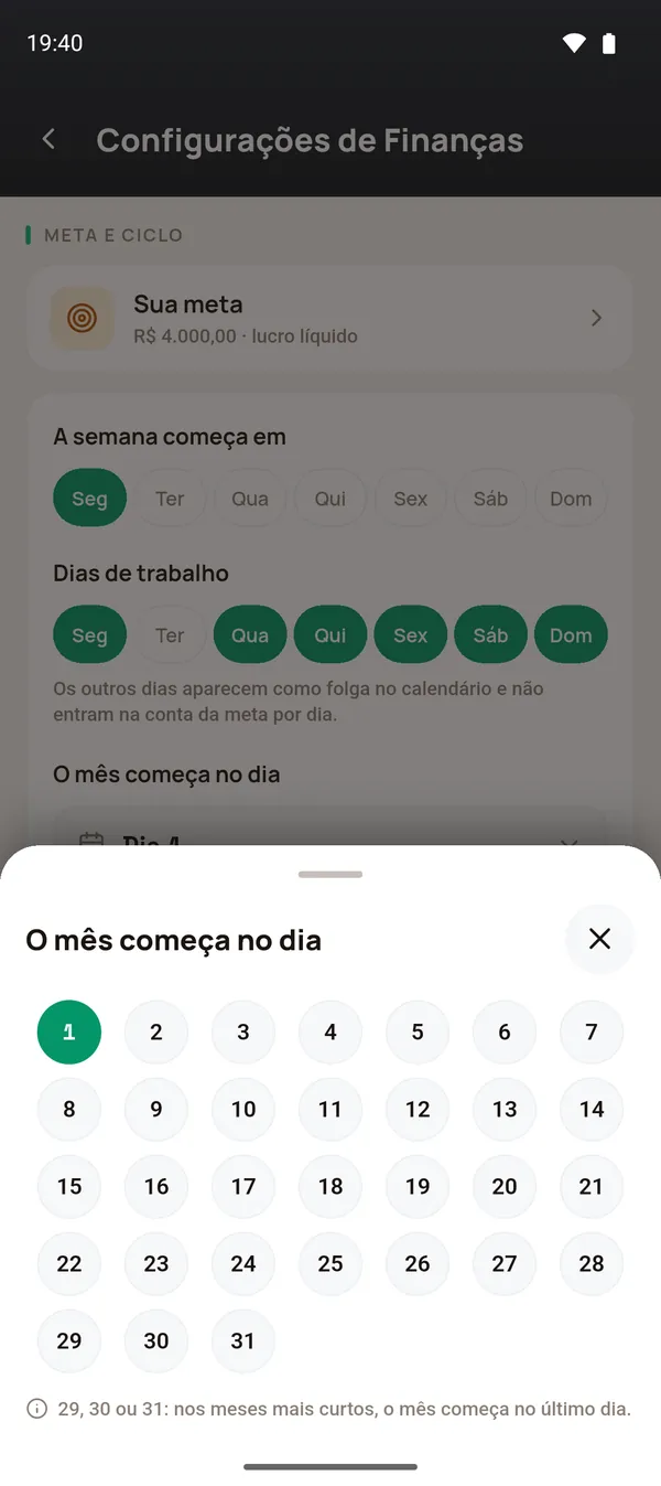 O mês começa no dia