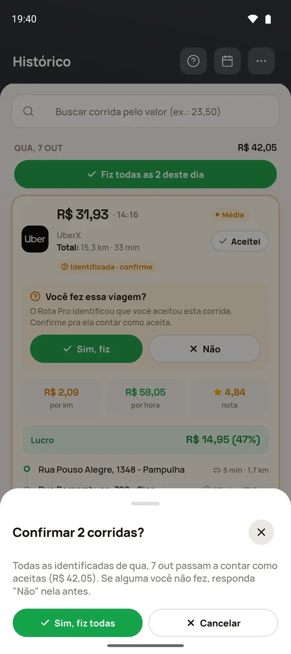 Confirmar todas as corridas do dia