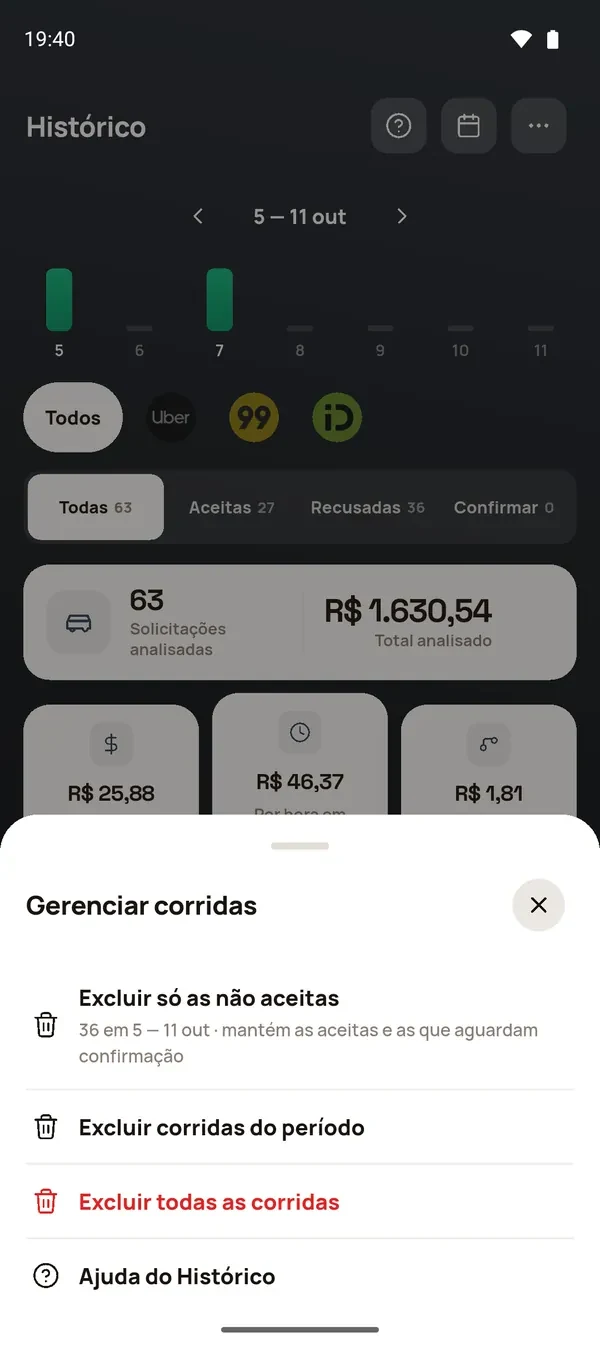Menu Gerenciar corridas