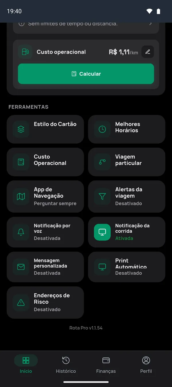 Cartão Custo operacional no Início