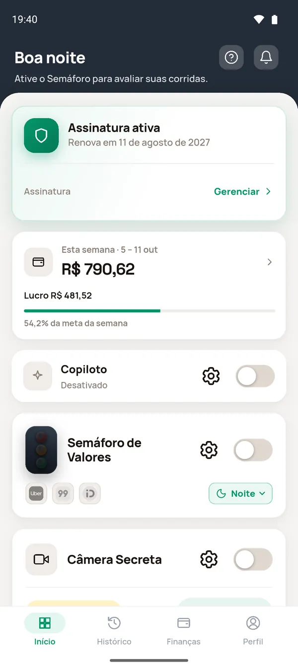 Início: saudação, assinatura, Esta semana, Copiloto e Semáforo