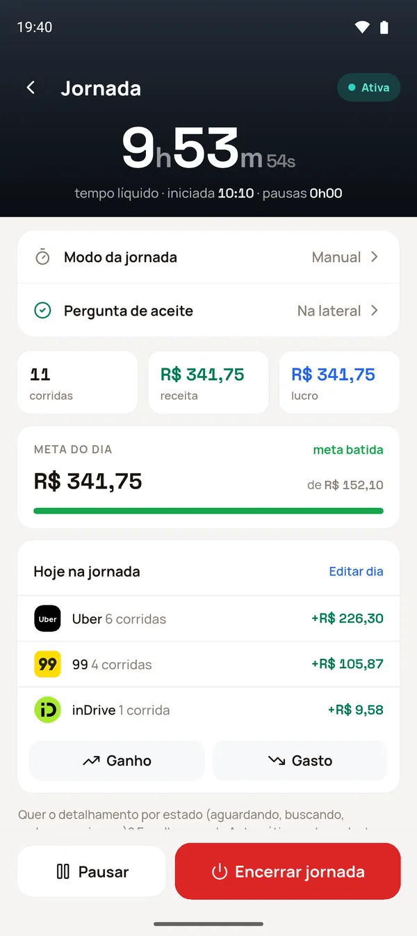 Jornada ativa com corridas, receita, meta e Hoje na jornada