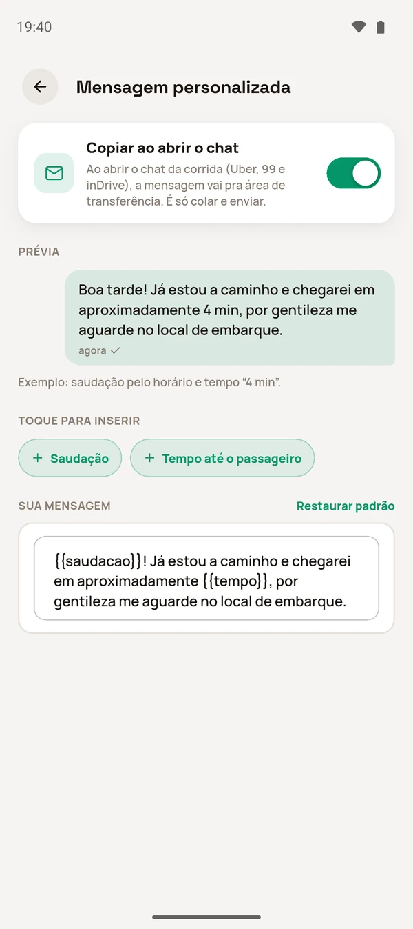 Mensagem personalizada ligada com prévia