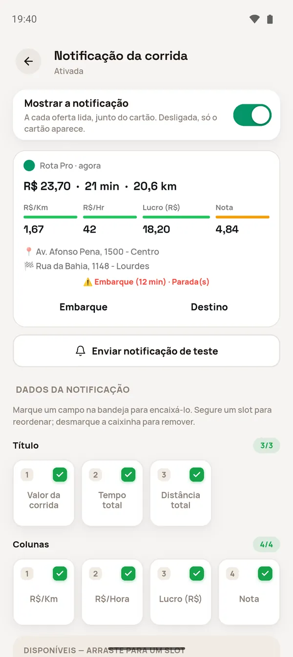 Tela Notificação da corrida