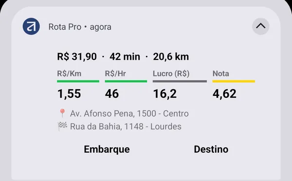 Notificação da corrida aberta na barra do Android