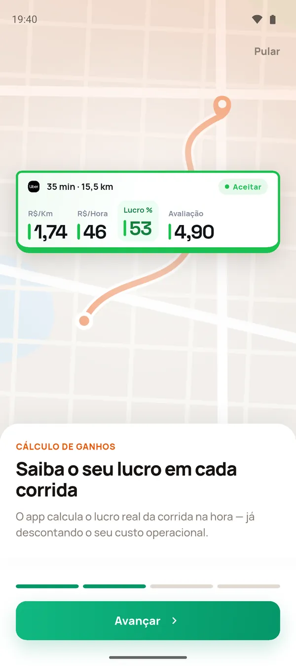 Tela 2: Saiba o seu lucro em cada corrida
