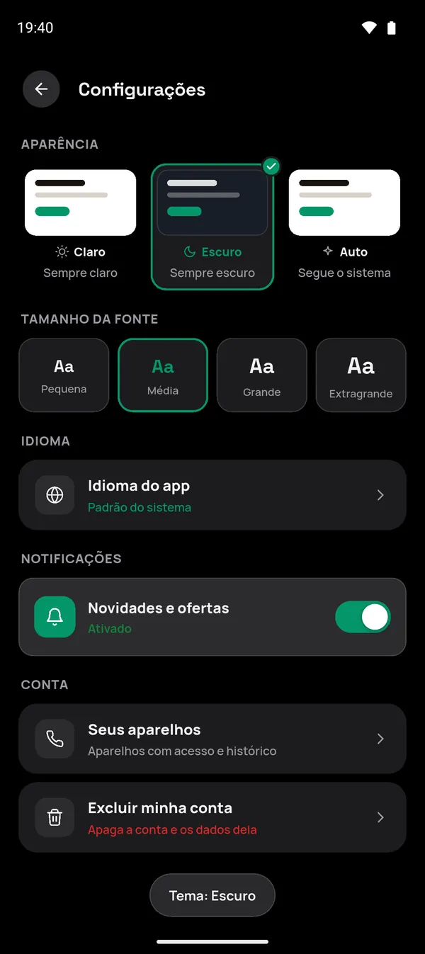 Configurações no tema escuro