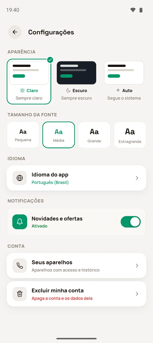 Configurações no tema claro