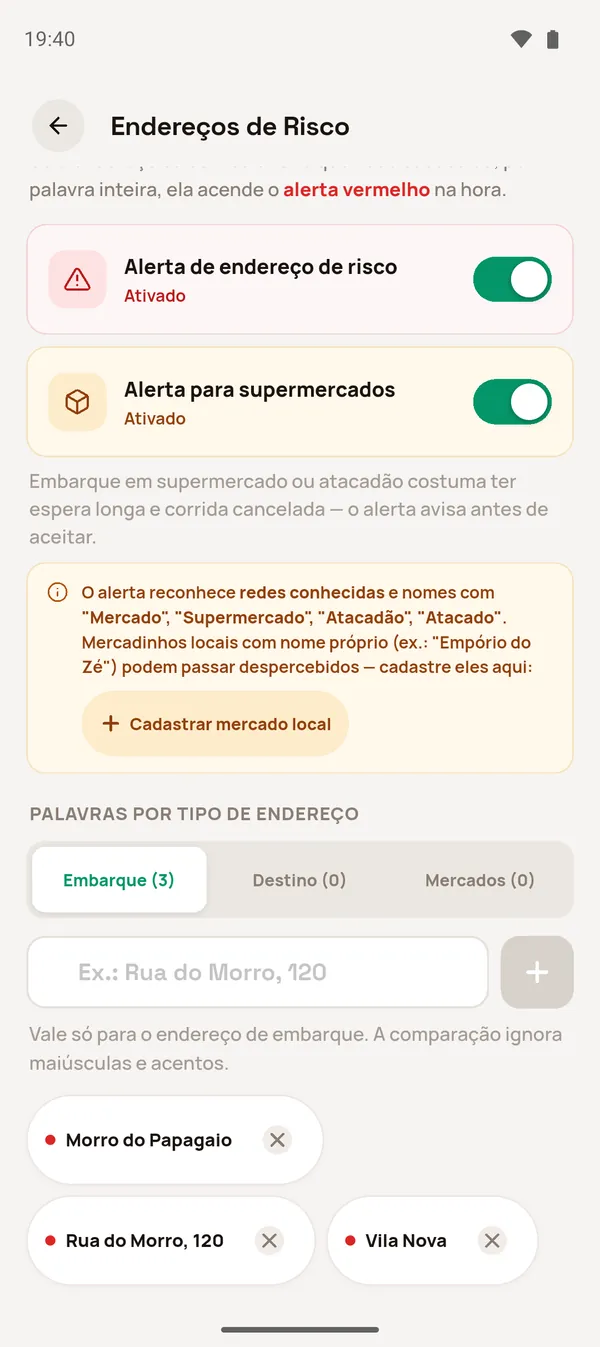 Endereços de Risco com três palavras de embarque