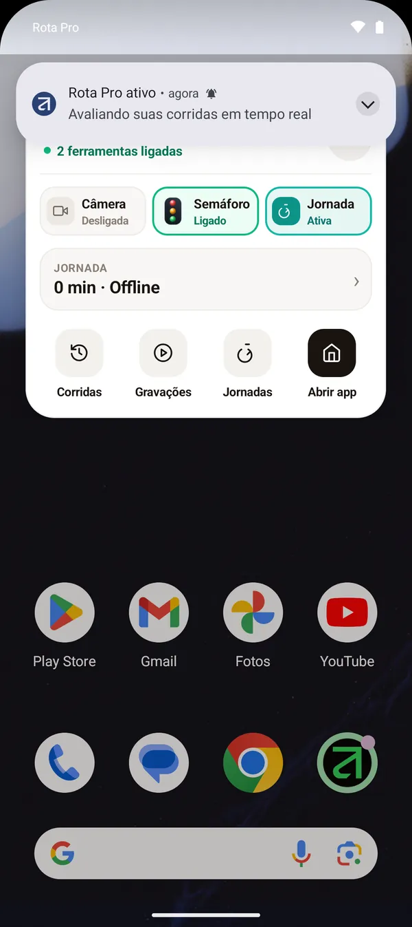 Menu com Semáforo e Jornada ligados e o aviso Rota Pro ativo