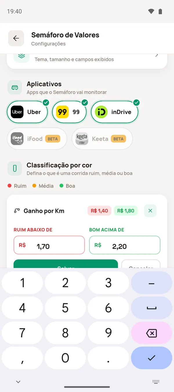 Editando a faixa de R$/km pelo lápis