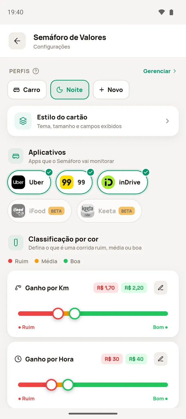 Semáforo: perfis, apps e Ganho por Km