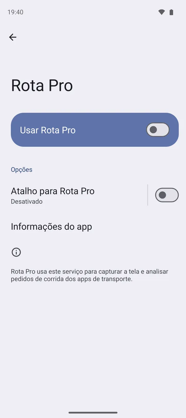 Página do Rota Pro na acessibilidade do Android