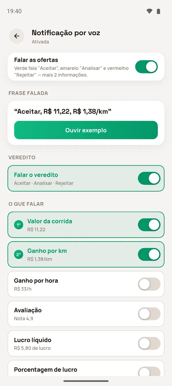 Tela Notificação por voz
