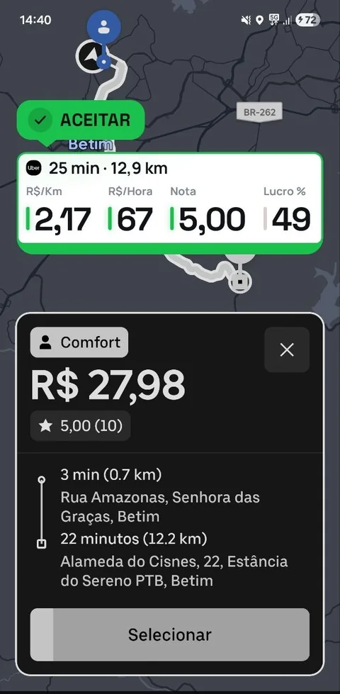 Cartão do Rota Pro com a faixa ACEITAR sobre uma oferta da Uber