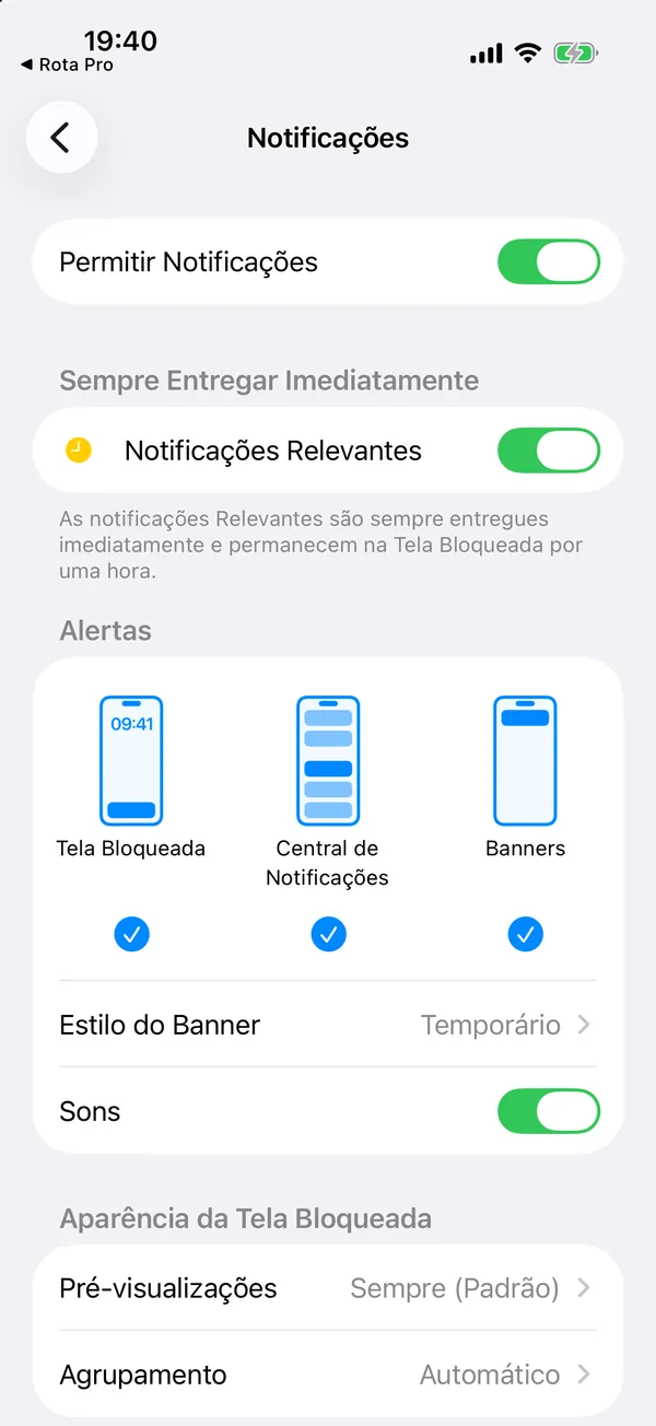 Ajustes do iPhone: notificações do Rota Pro