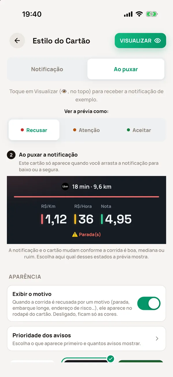 Estilo do Cartão no iPhone, aba Ao puxar