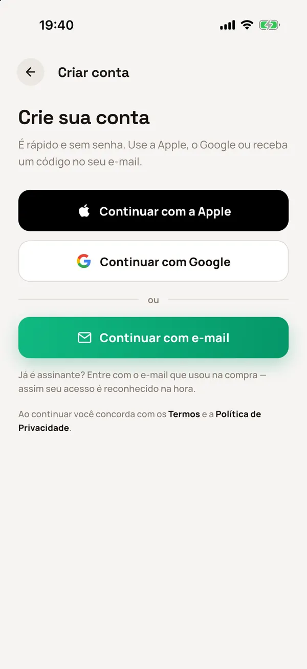 Criar conta no iPhone com Apple, Google ou e-mail