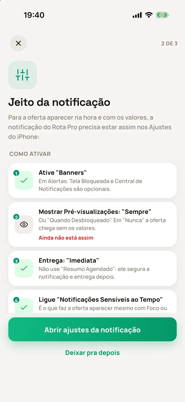 Passo 2 de 3: Jeito da notificação, com um item pendente