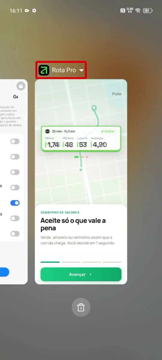 Recentes: toque em “Rota Pro ▾”