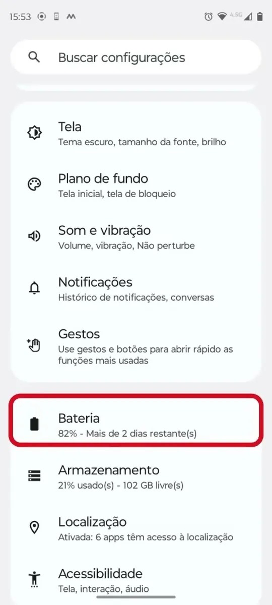 Configurações → “Bateria”