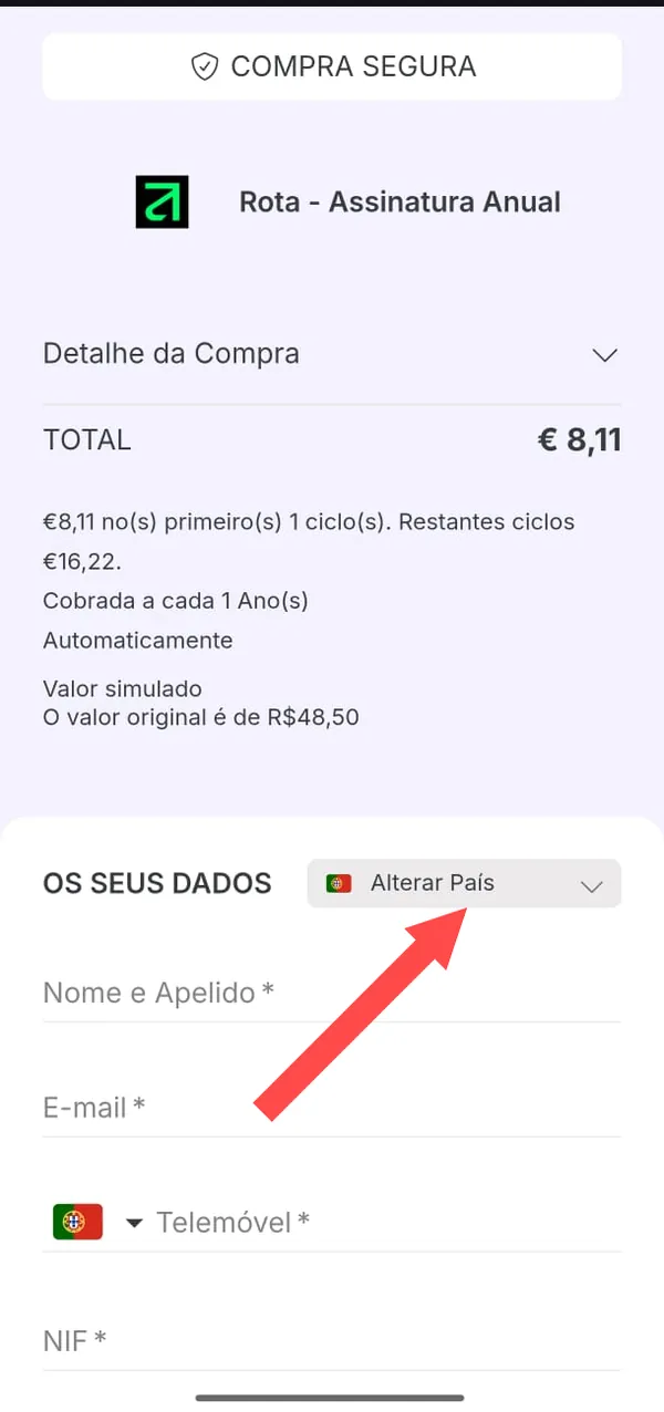 Página de pagamento com Alterar país