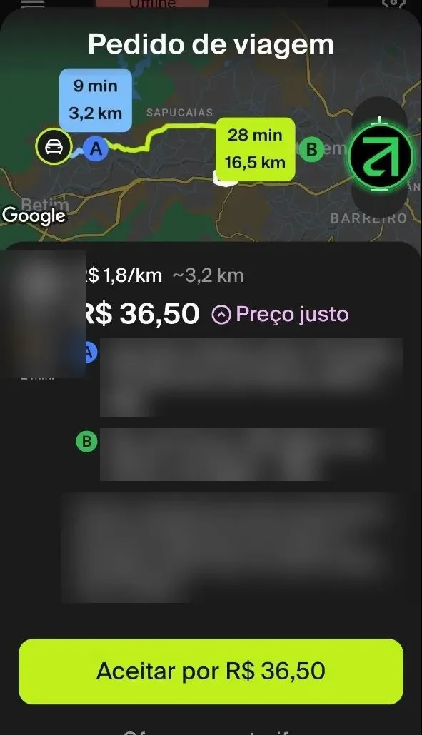 Tela do pedido de viagem do inDrive