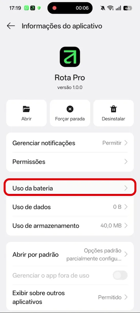 “Uso da bateria”