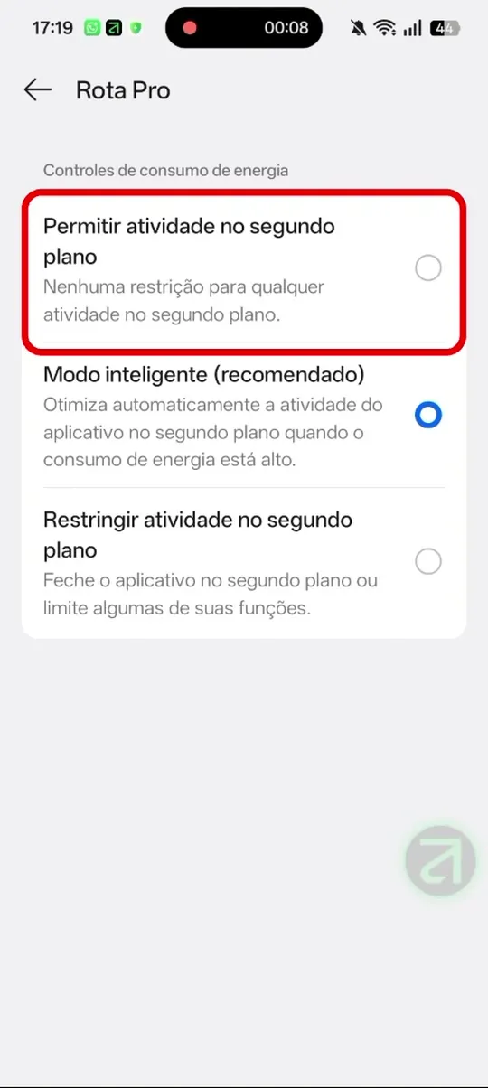 “Permitir atividade no segundo plano”