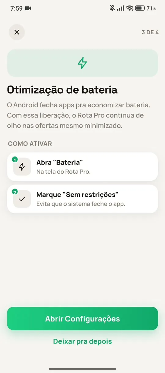 Otimização de bateria → “Abrir Configurações”